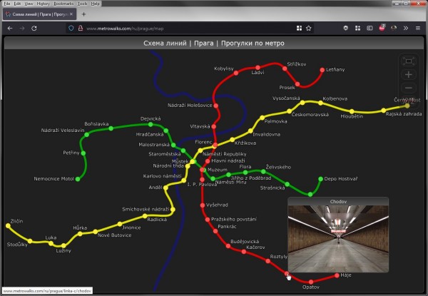 Скриншот интерактивной карты Пражскего метра́ на «Прогулках по метро»